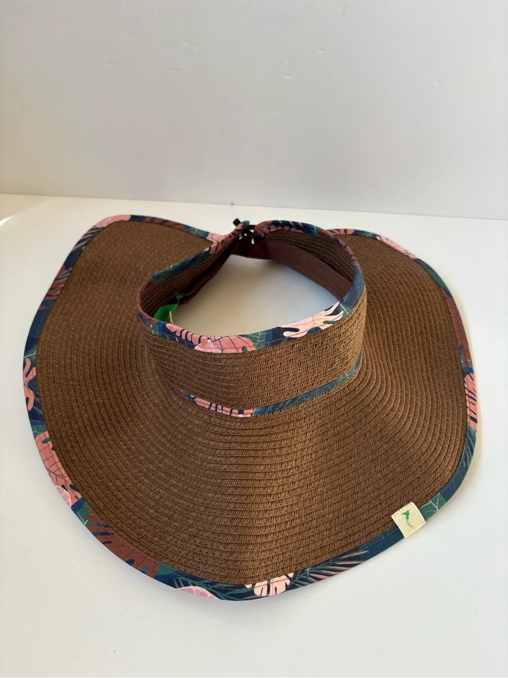 Gyal Bashy Paper Straw Hat Brown Tropical Leaf Trim Packable Cruise Resort Visor